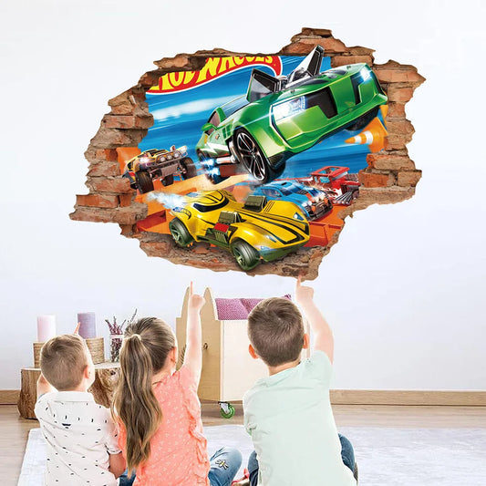 3D breakthrough Toy car racing car Wall Art Stickers Decal Decor Vinyl Poster Mural wallpaper removeable Custom DIY Kids gift