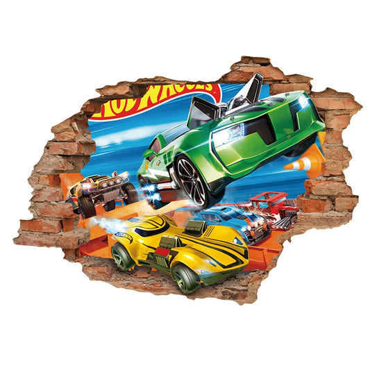 3D breakthrough Toy car racing car Wall Art Stickers Decal Decor Vinyl Poster Mural wallpaper removeable Custom DIY Kids gift
